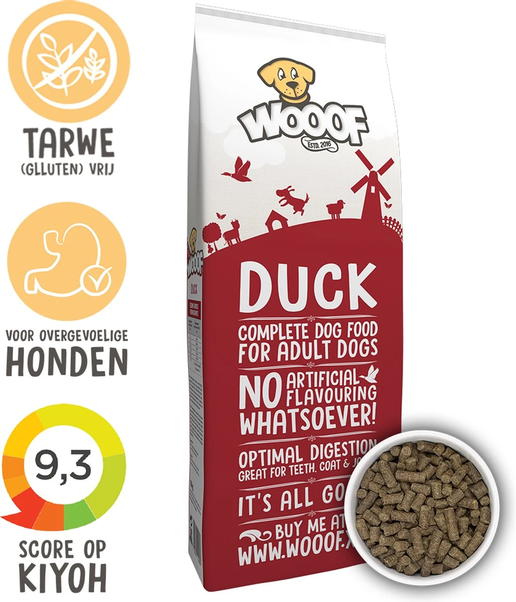 WOOOF Eend 18KG - Geperst Hondenvoer - Hypoallergeen Hondenvoer - Geperste Hondenbrokken - Droogvoer 1 WOOOF Eend 18KG - Geperst Hondenvoer - Hypoallergeen Hondenvoer - Geperste Hondenbrokken - Droogvoer