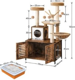 Signature Home Lola Krabpaal Met Kattenbak - Kattenbak Hangmat Mand Katten Huis - Kattenhuis Met Deur En Slot - Krabpalen Katten Huis - Kattenbakmeubel Verborgen - Alles-in-één Kattenspeelgoed Met Kattenhuis - Bruin - 70cm X 132cm X 48cm -Dierenwinkel 1136x1200 1