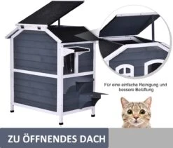 PawHut Kattenhuis Voor Buiten Kattenhut Met 2 Verdiepingen Kattenvilla, Asfaltdak, Massief Hout Grijs D30-236 -Dierenwinkel 1200x1026 4