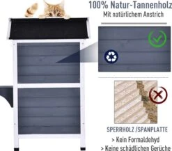 PawHut Kattenhuis Voor Buiten Kattenhut Met 2 Verdiepingen Kattenvilla, Asfaltdak, Massief Hout Grijs D30-236 -Dierenwinkel 1200x1054 1