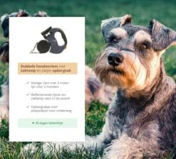 Dubbele Honden Riem – Leiband Hond – Hondenlijn – Looplijn Hond – 2 Honden – 3 Meter – Tot 12kg Per Hond – Reflecterende Lijnen – Met Zaklamp – 360° Draaien – Verstelbaar - Zwart -Dierenwinkel 1200x1087 1
