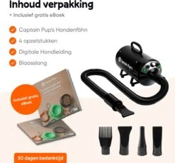 Captain Pup's Professionele Hondenföhn Met 4 Opzetstukken - Bijgeleverde Hondenborstel - Waterblazer Voor Honden - Zwart -Dierenwinkel 1200x1116