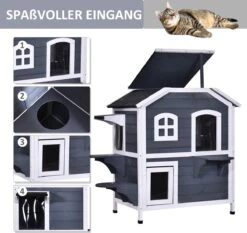 PawHut Kattenhuis Voor Buiten Kattenhut Met 2 Verdiepingen Kattenvilla, Asfaltdak, Massief Hout Grijs D30-236 -Dierenwinkel 1200x1130 1