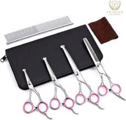 Professionele Hondenscharen Set - Extra Veilige Grooming Set - Trimscharen Voor Honden - Knipschaar - Effileerschaar / Uitdunschaar - Gebogen Schaar Met Ronde Punt - Precisieschaar - Hondenverzorging - Inclusief Kam, 2 Haarclips En Luxe Opbergdoos