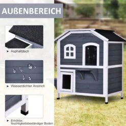 PawHut Kattenhuis Voor Buiten Kattenhut Met 2 Verdiepingen Kattenvilla, Asfaltdak, Massief Hout Grijs D30-236 -Dierenwinkel 1200x1200 422