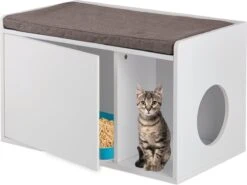 Relaxdays Kattenbak Ombouw - Met Zitkussen - Kattenhuis Wit - Kattenmeubel - Kattenkast