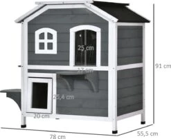 PawHut Kattenhuis Voor Buiten Kattenhut Met 2 Verdiepingen Kattenvilla, Asfaltdak, Massief Hout Grijs D30-236 -Dierenwinkel 1200x983 1